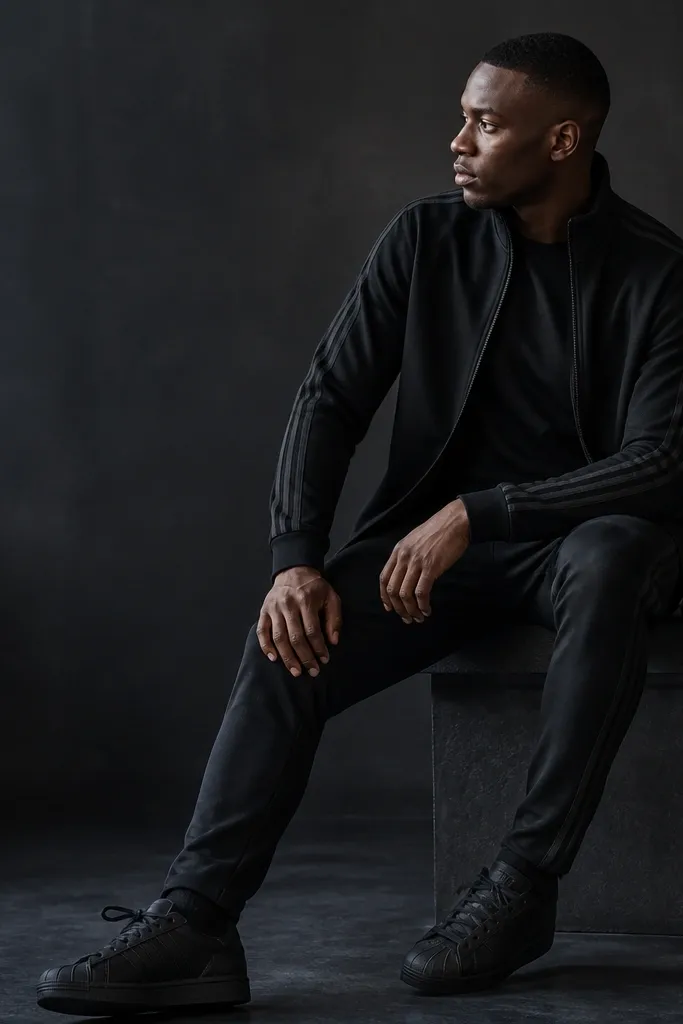 Seasonal evergreen all black superstar adidas outfit